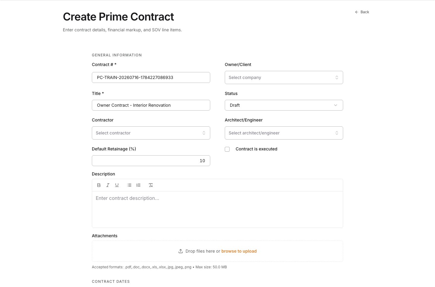 Contract number, title, and retainage fields on the Create Prime Contract form