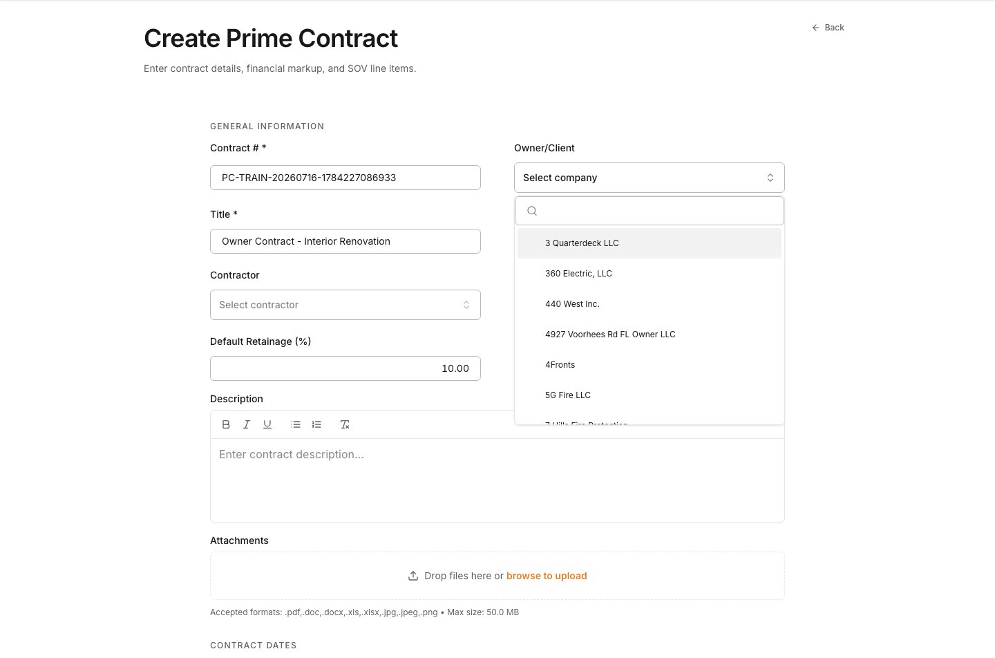 Open Owner Client menu showing available project companies