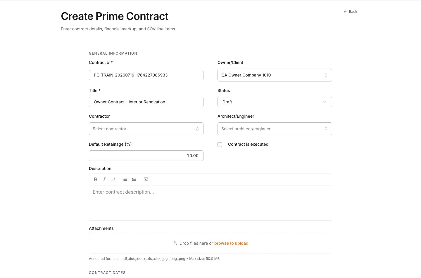 Owner Client selected on the prime contract
