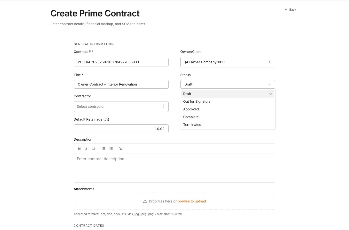 Open Status menu on the prime contract form