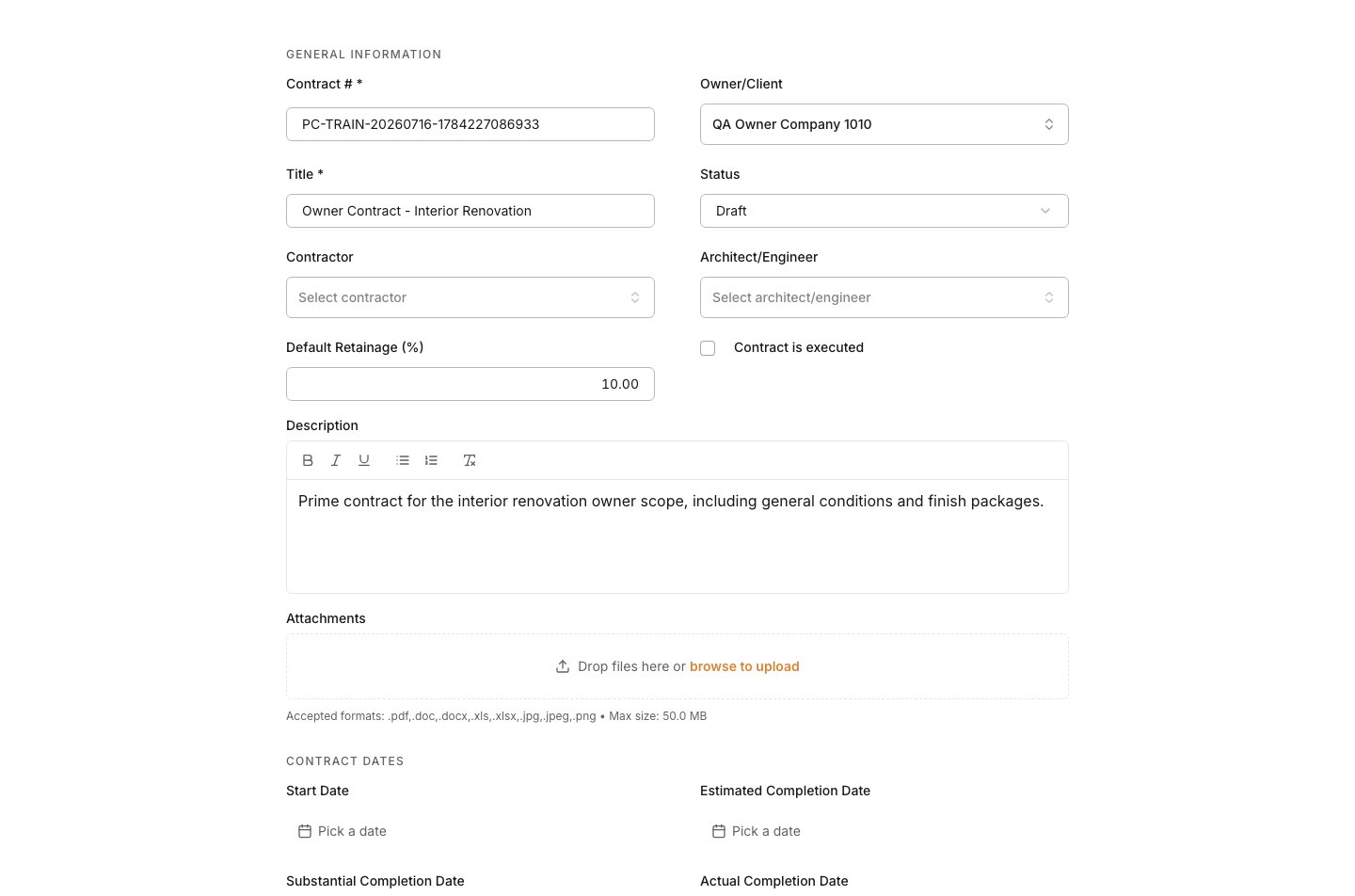 Description field populated for the prime contract