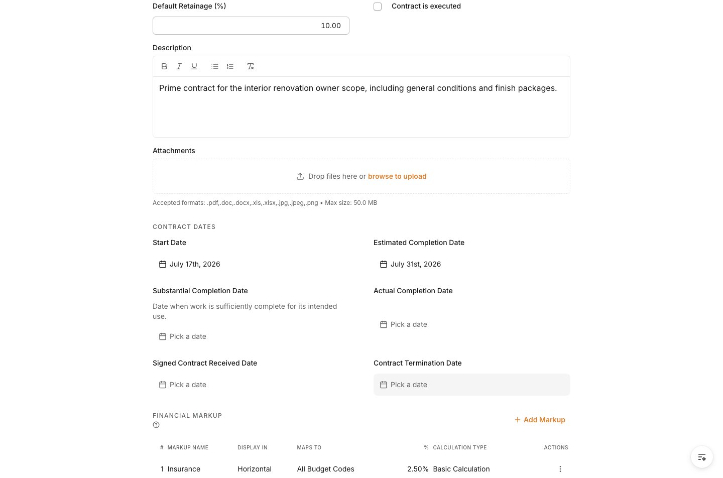 Start Date and Estimated Completion Date fields on the prime contract
