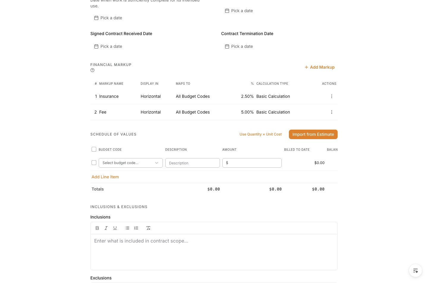 New Schedule of Values line with Budget Code, Description, and Amount fields