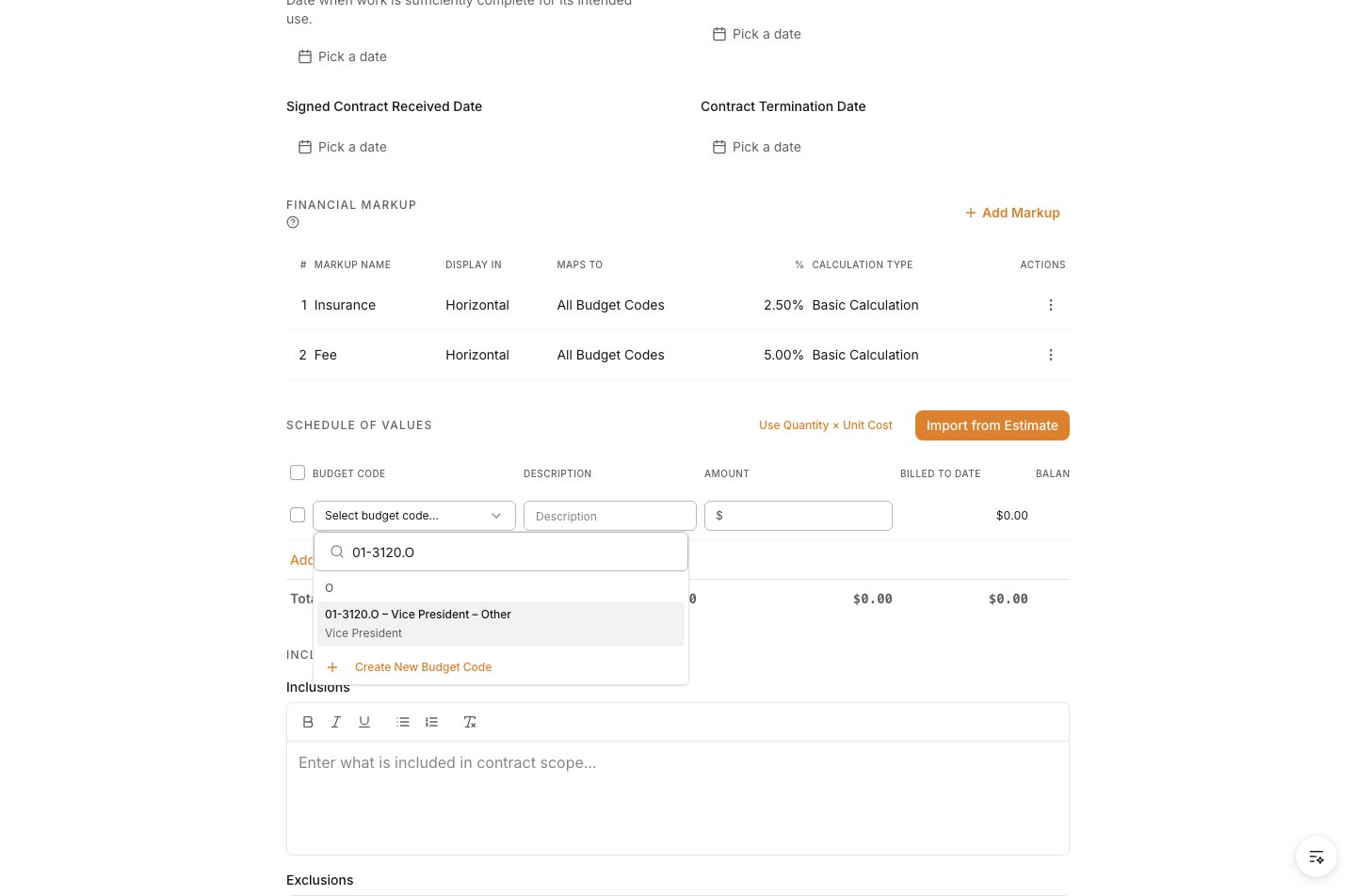 Open Budget Code menu filtered to a cost code