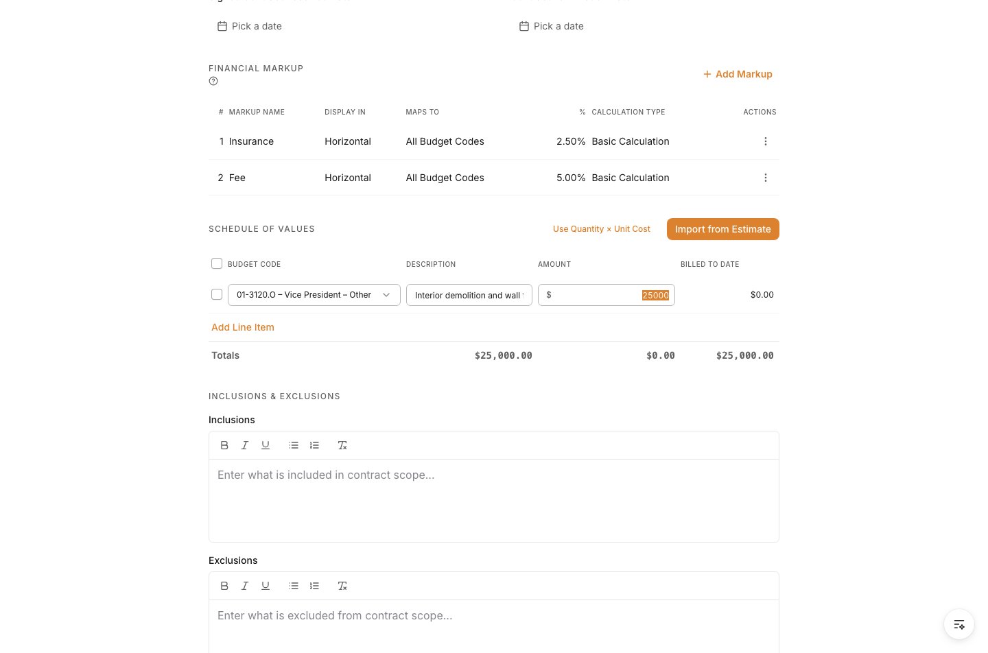 Selected budget code, SOV description, amount, and total