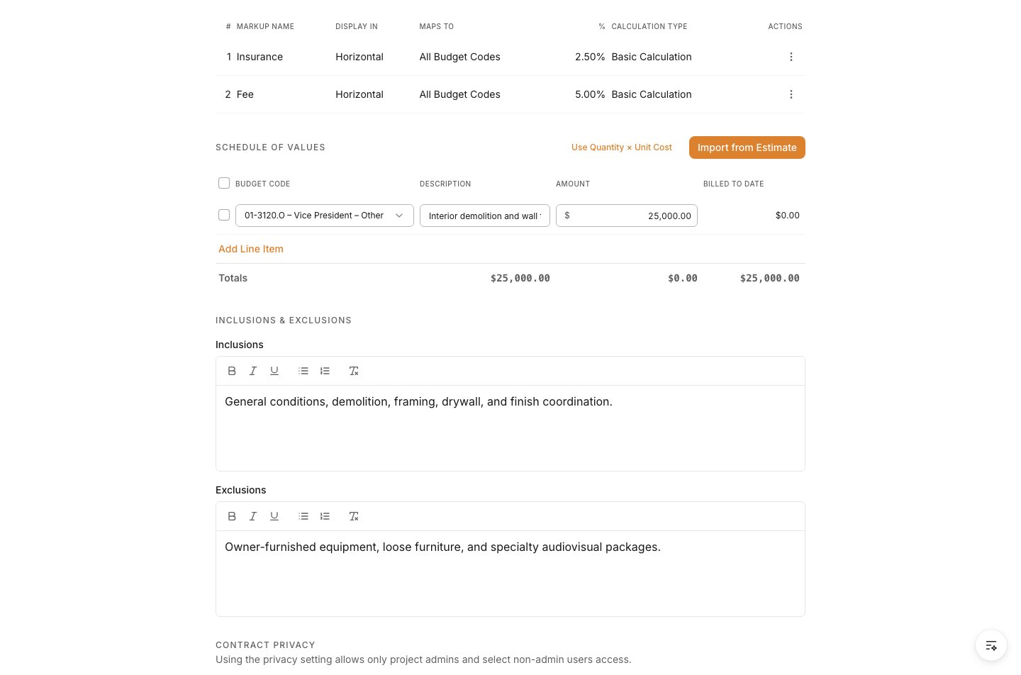 Inclusions and Exclusions fields populated on the prime contract