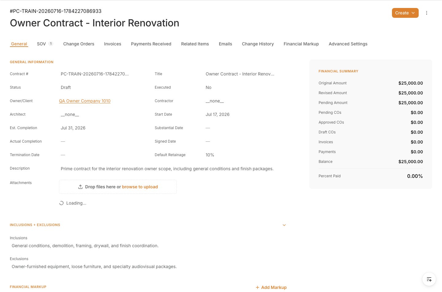 Saved Prime Contract detail page showing the contract summary and Schedule of Values total