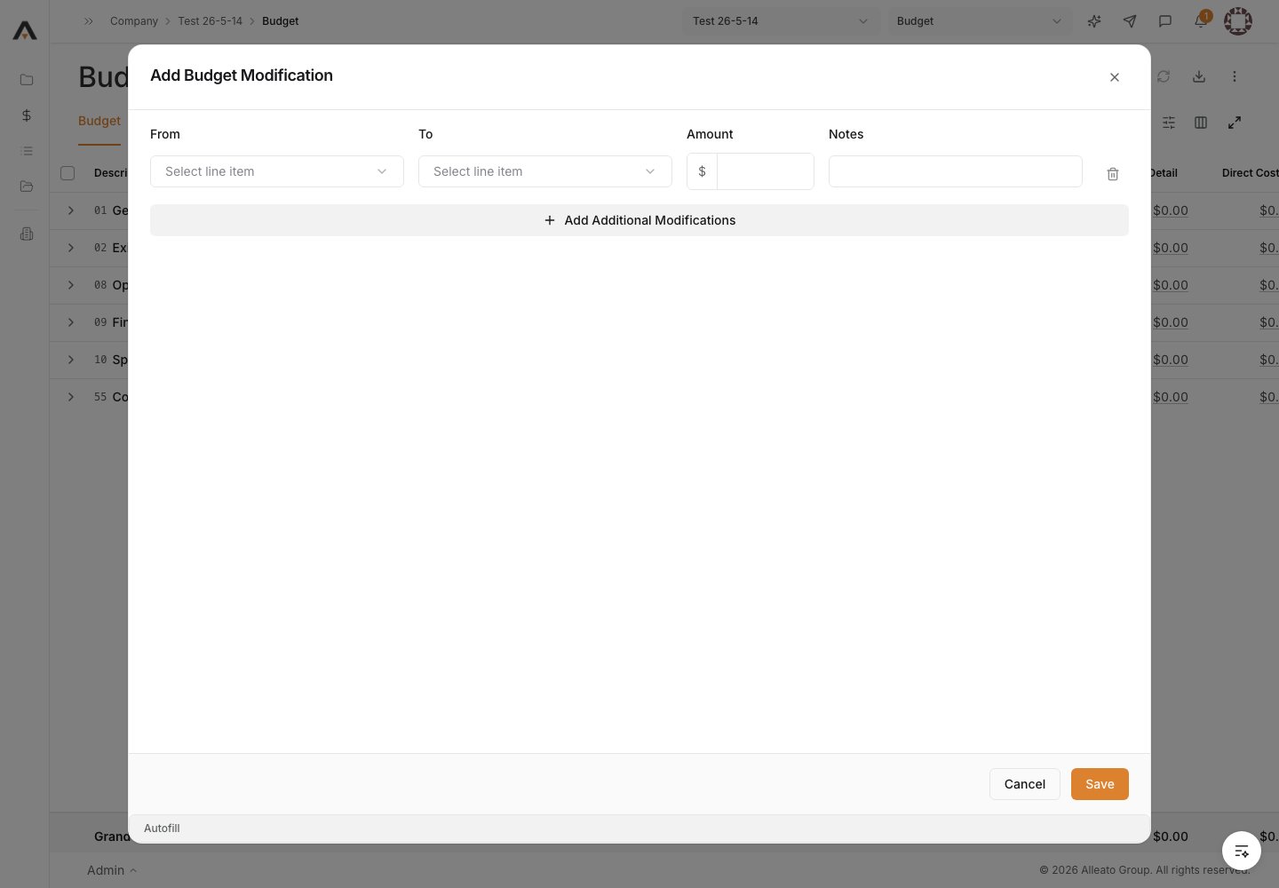 Open Add Budget Modification