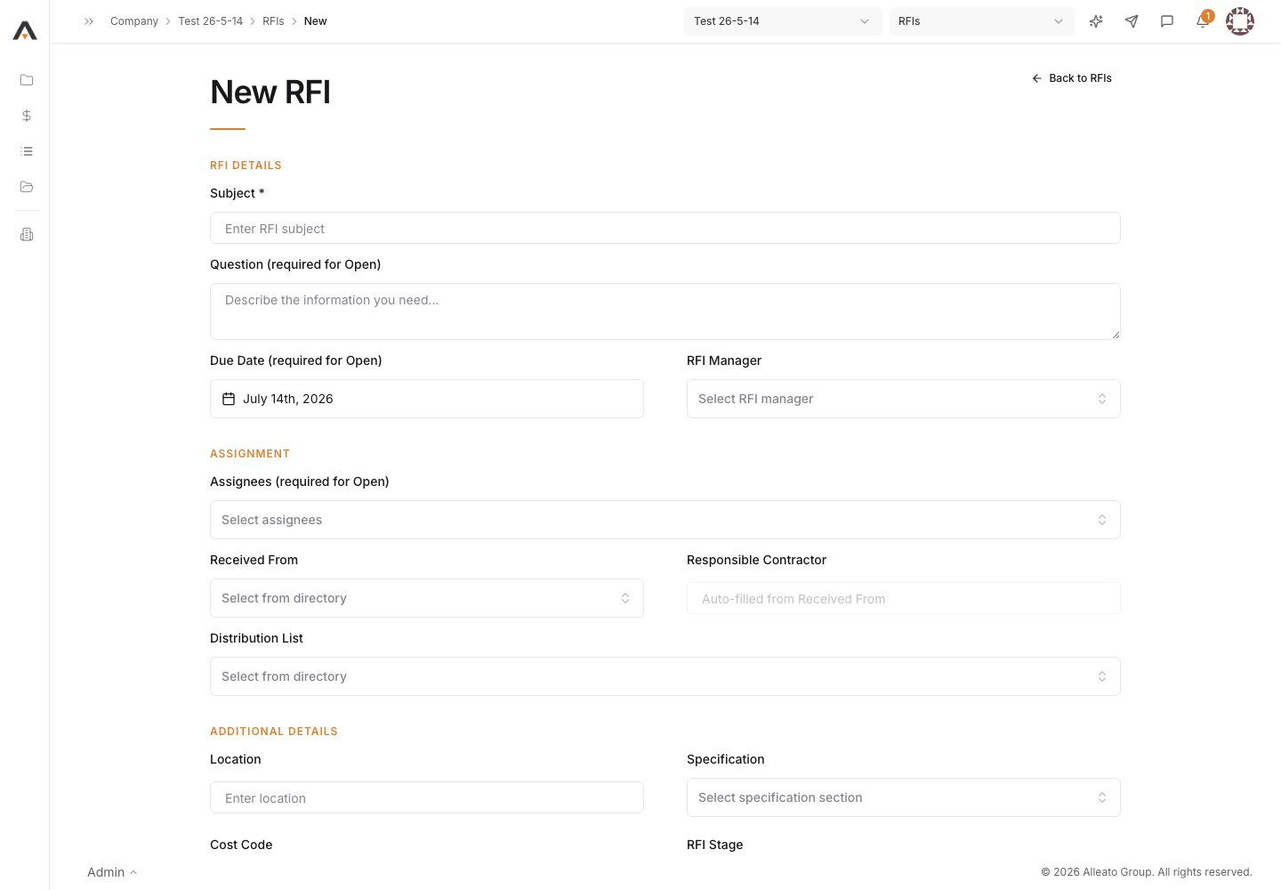 Open the New RFI form