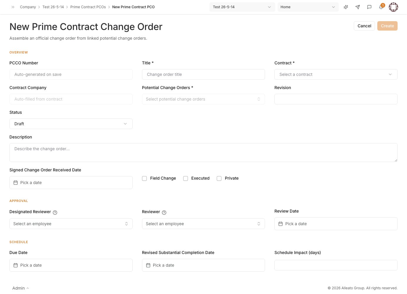 The New Prime Contract Change Order form