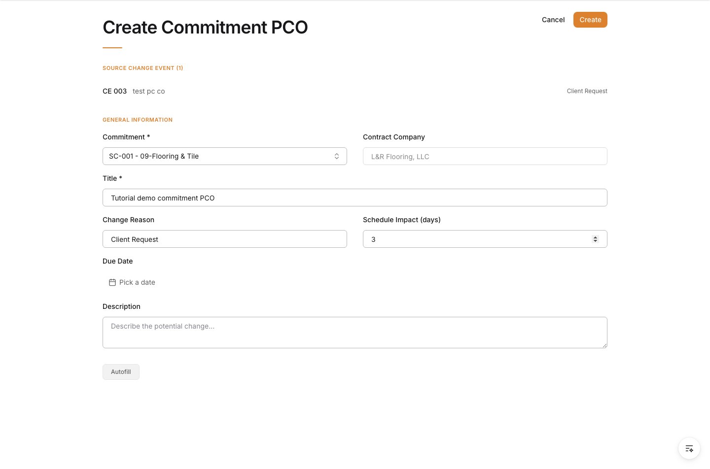Commitment PCO title, reason, and schedule impact fields