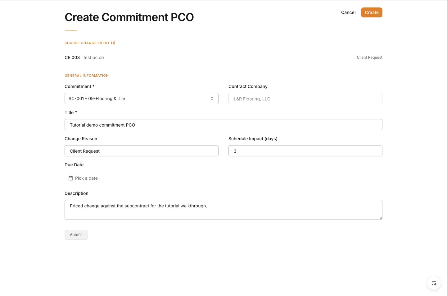 Description field on the Commitment PCO form