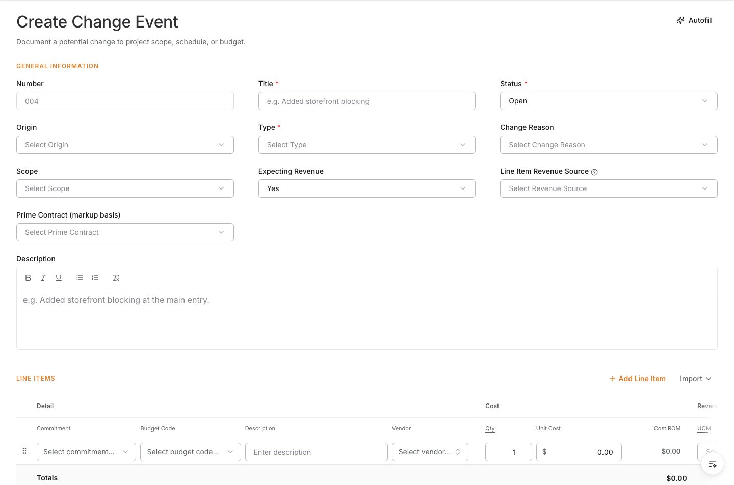 Create Change Event form opened from the Change Events tool