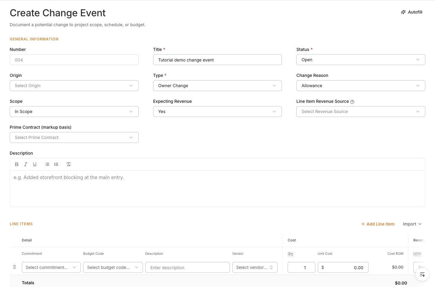 General Information fields for a new change event