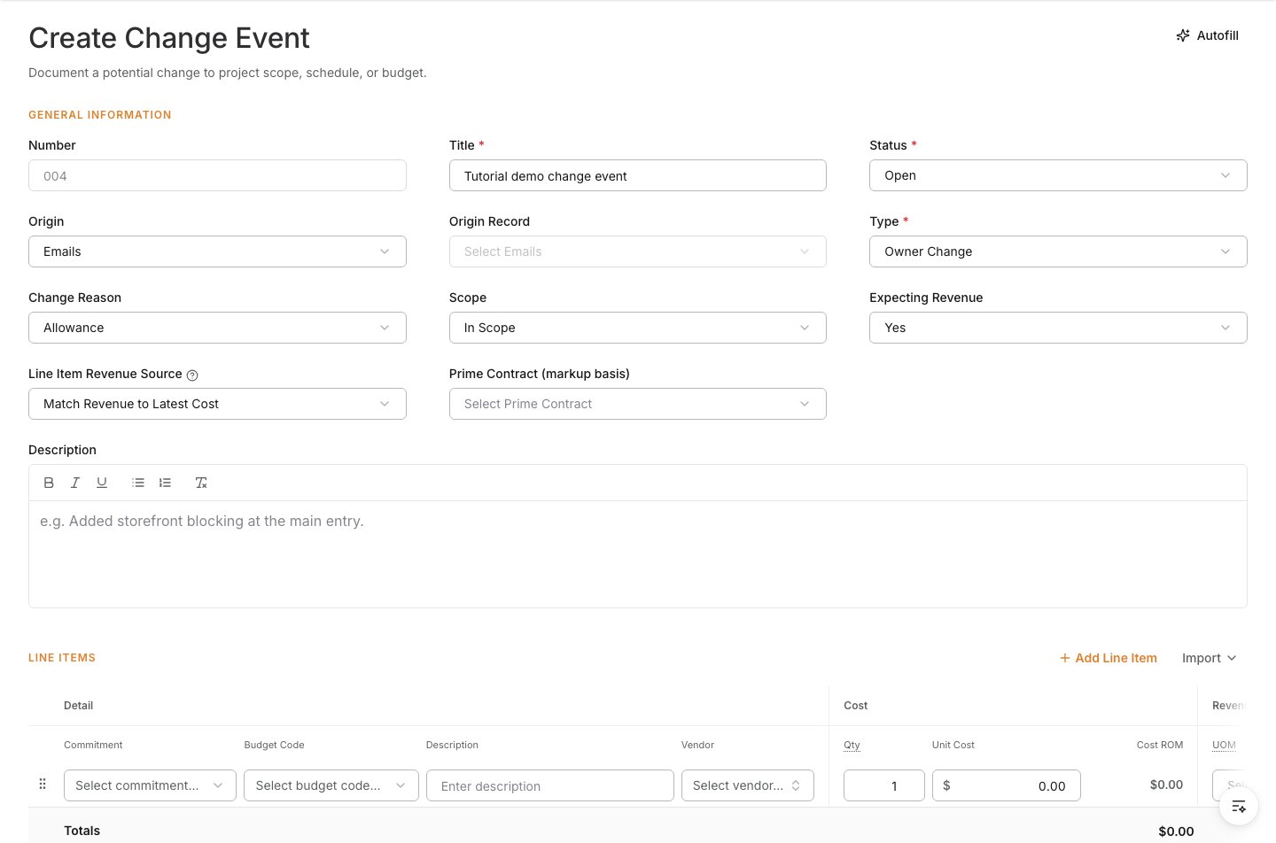 Revenue handling fields for a change event
