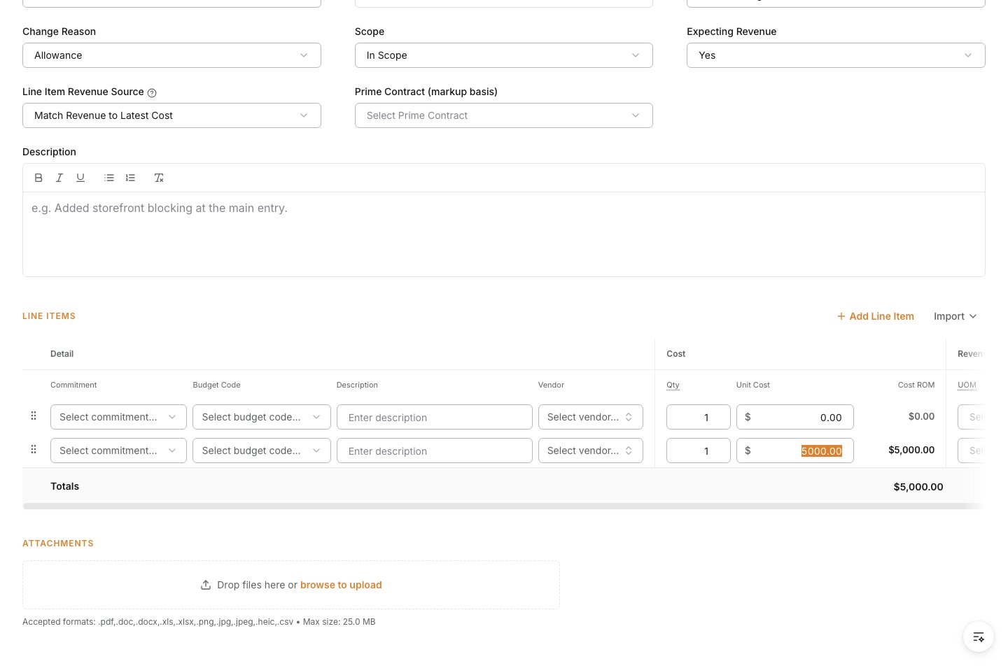 Line Items section for change event pricing