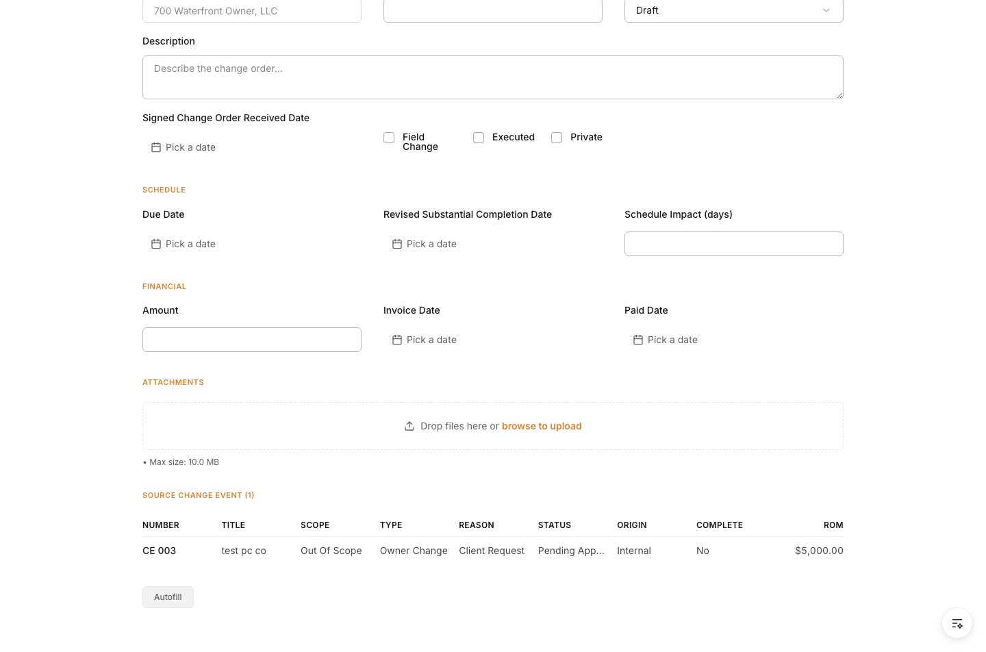 New Prime Contract PCO form with source change events listed