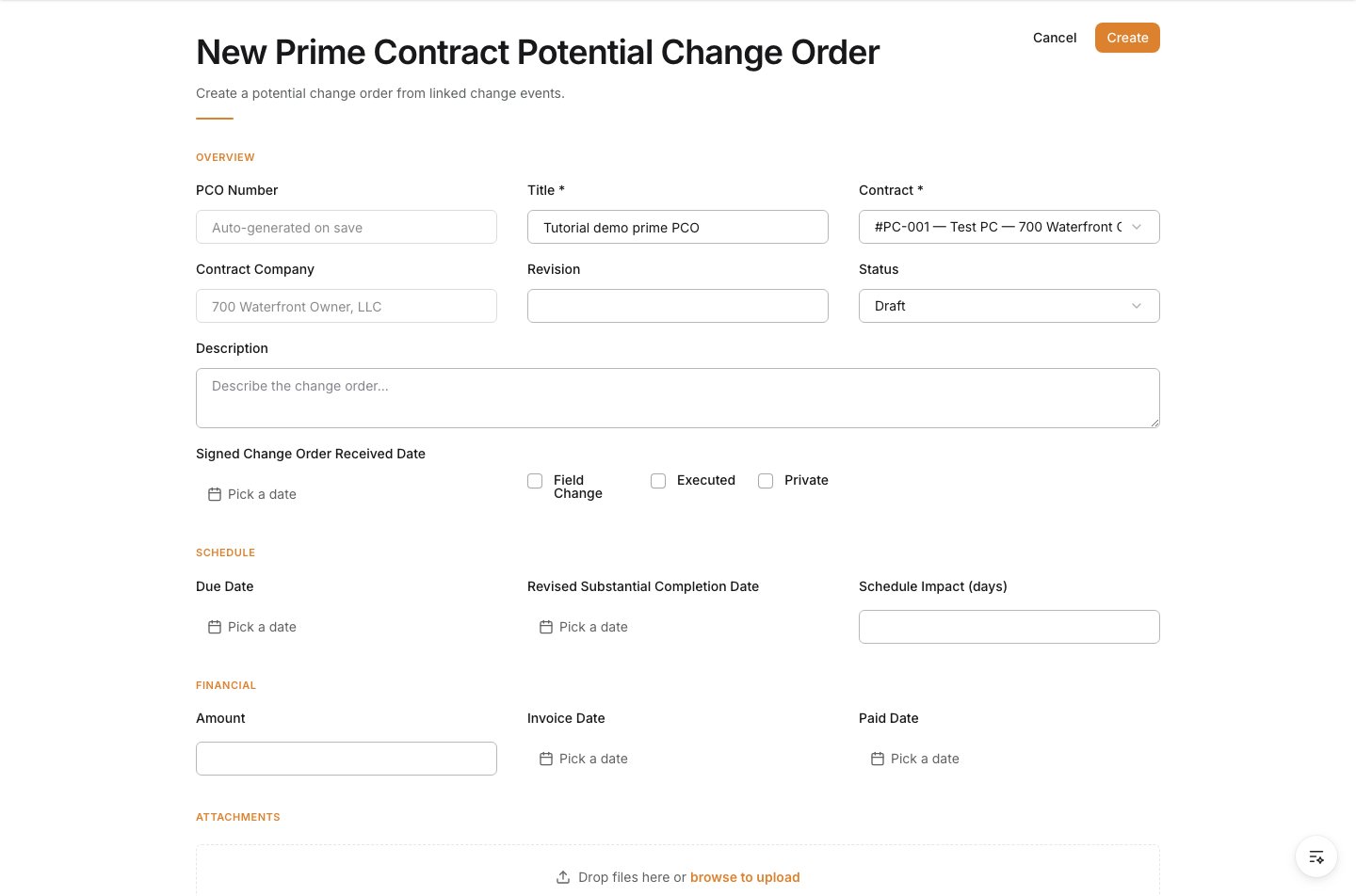 Overview section for the Prime PCO title and contract