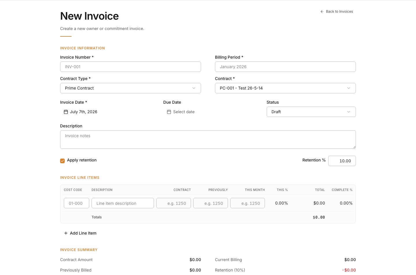 New owner invoice form opened from the Invoicing tool