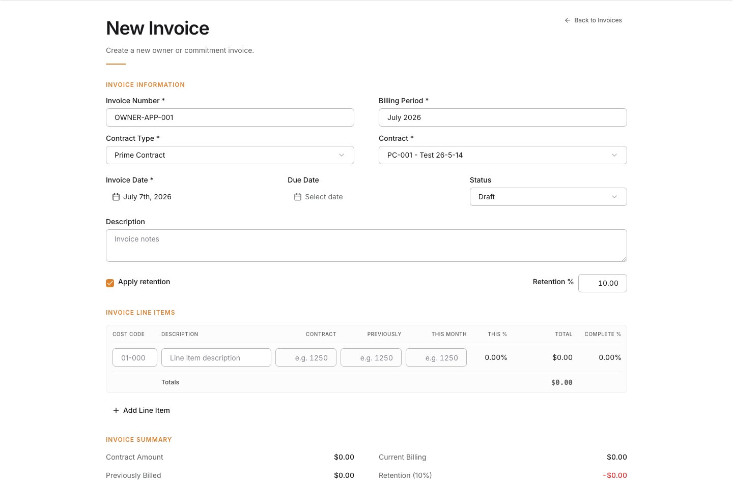Invoice Information section for owner invoice number, billing period, and contract