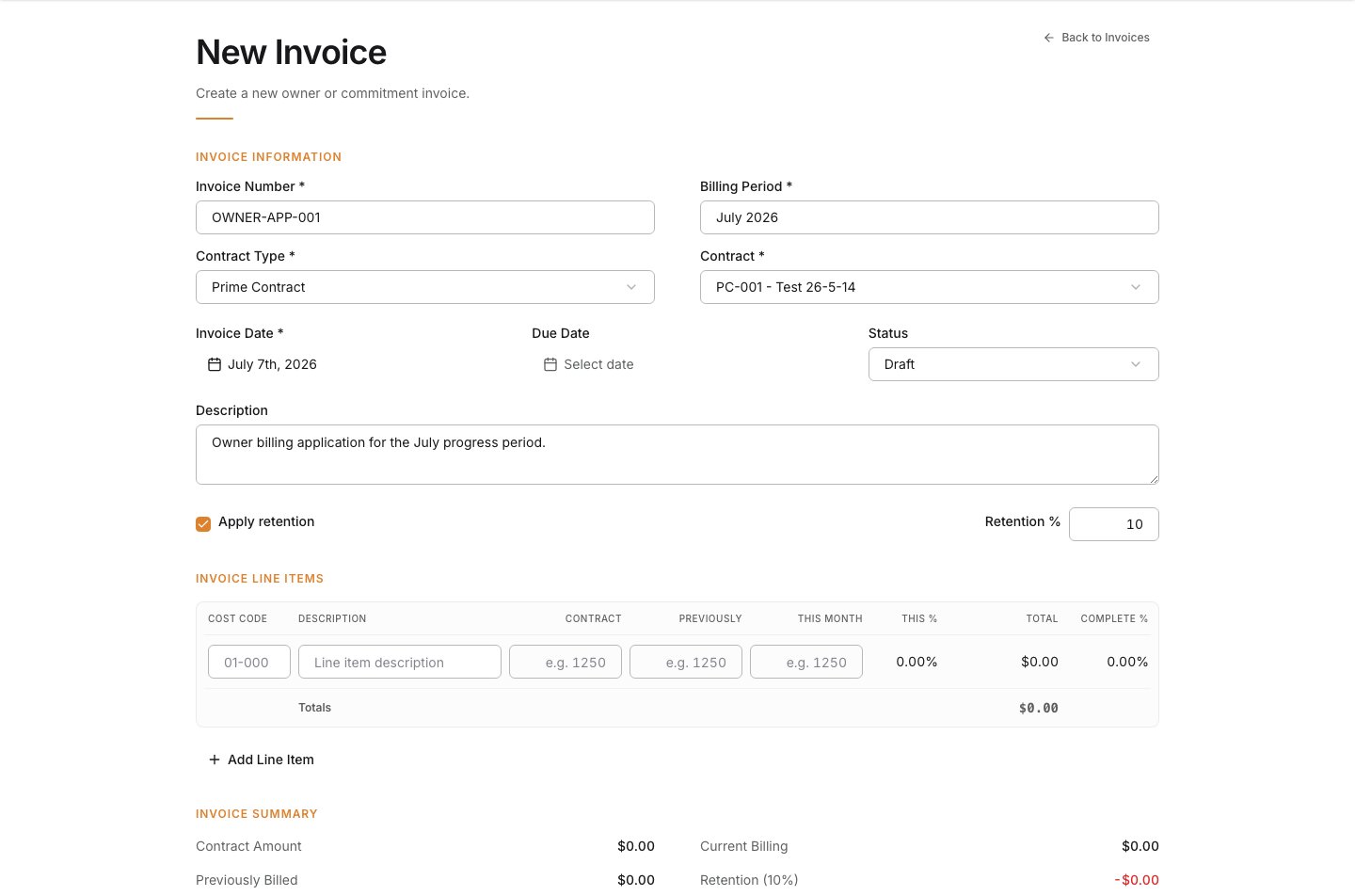 Invoice date, due date, status, and notes fields
