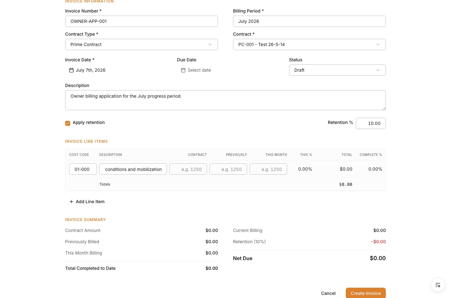 Invoice Line Items section with current billing values