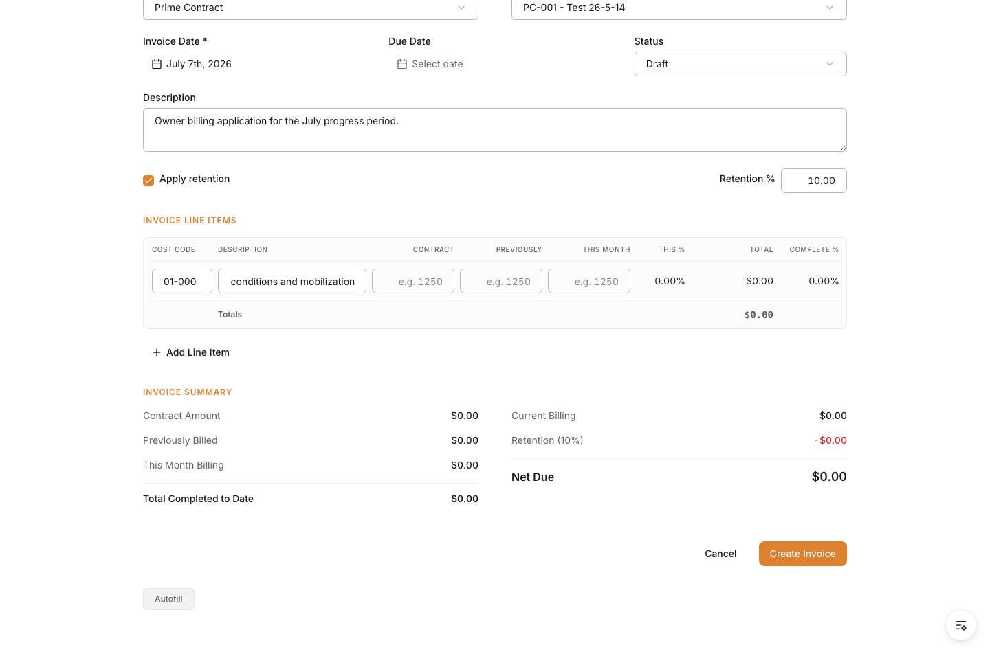 Create Invoice action at the bottom of the owner invoice form