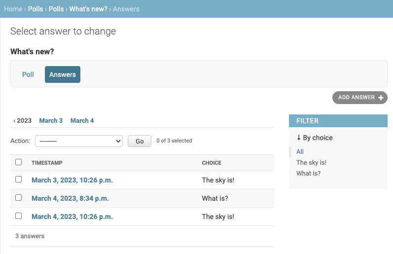 Admin changelist tab showing filtered answers