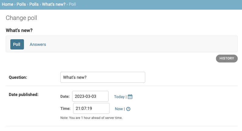 Admin tab showing poll form with choice inlines