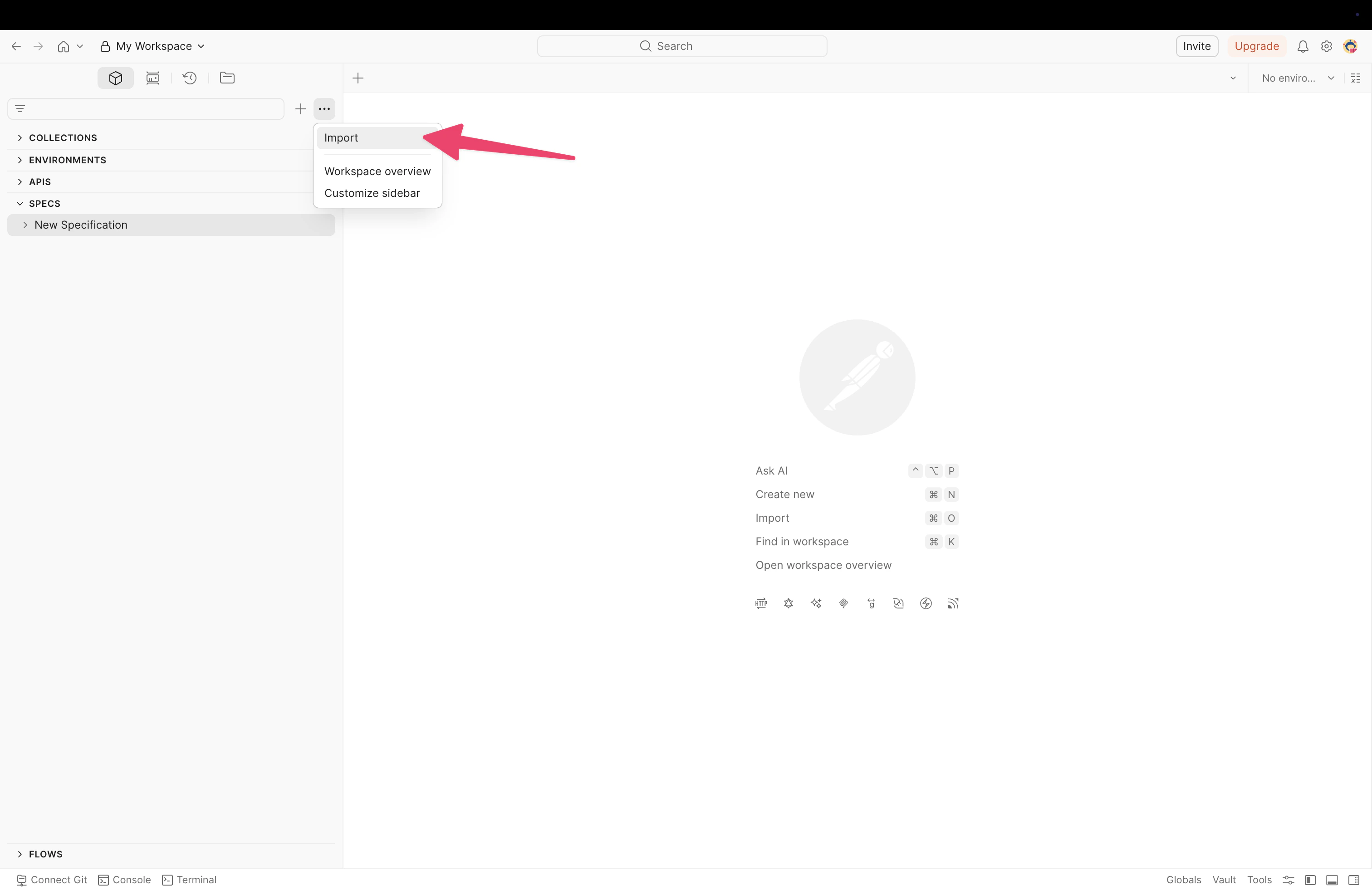 The three-dot menu in the Postman sidebar with the 'Import' option highlighted