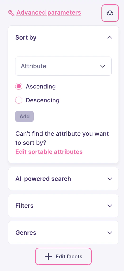 The sidebar of the search preview interface, with a handful of options, including 'Sort by', 'AI-powered search', 'Filters', and 'Genres'