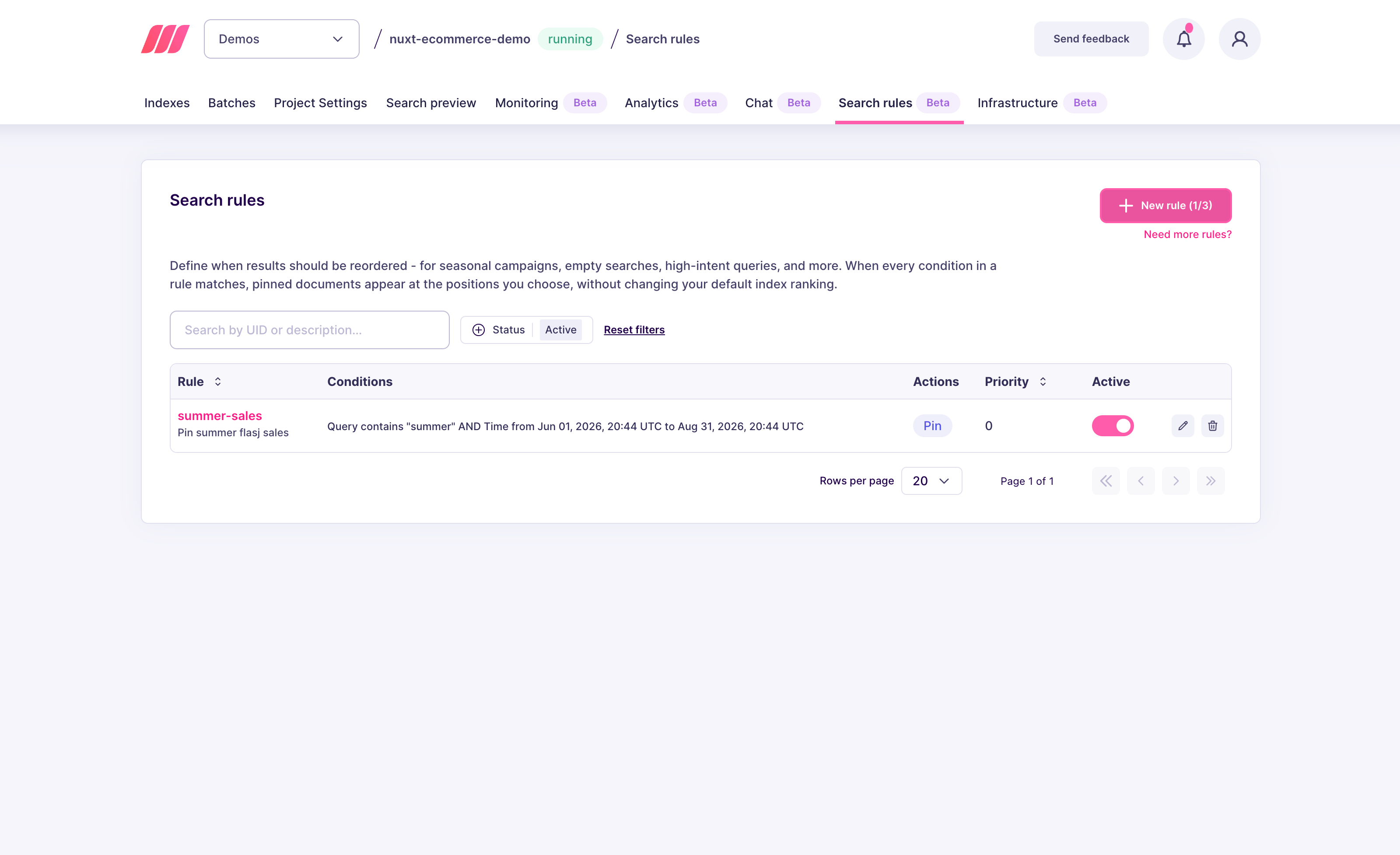 Search rules list with one "summer-sales" rule showing its conditions, pin action, priority, and active toggle