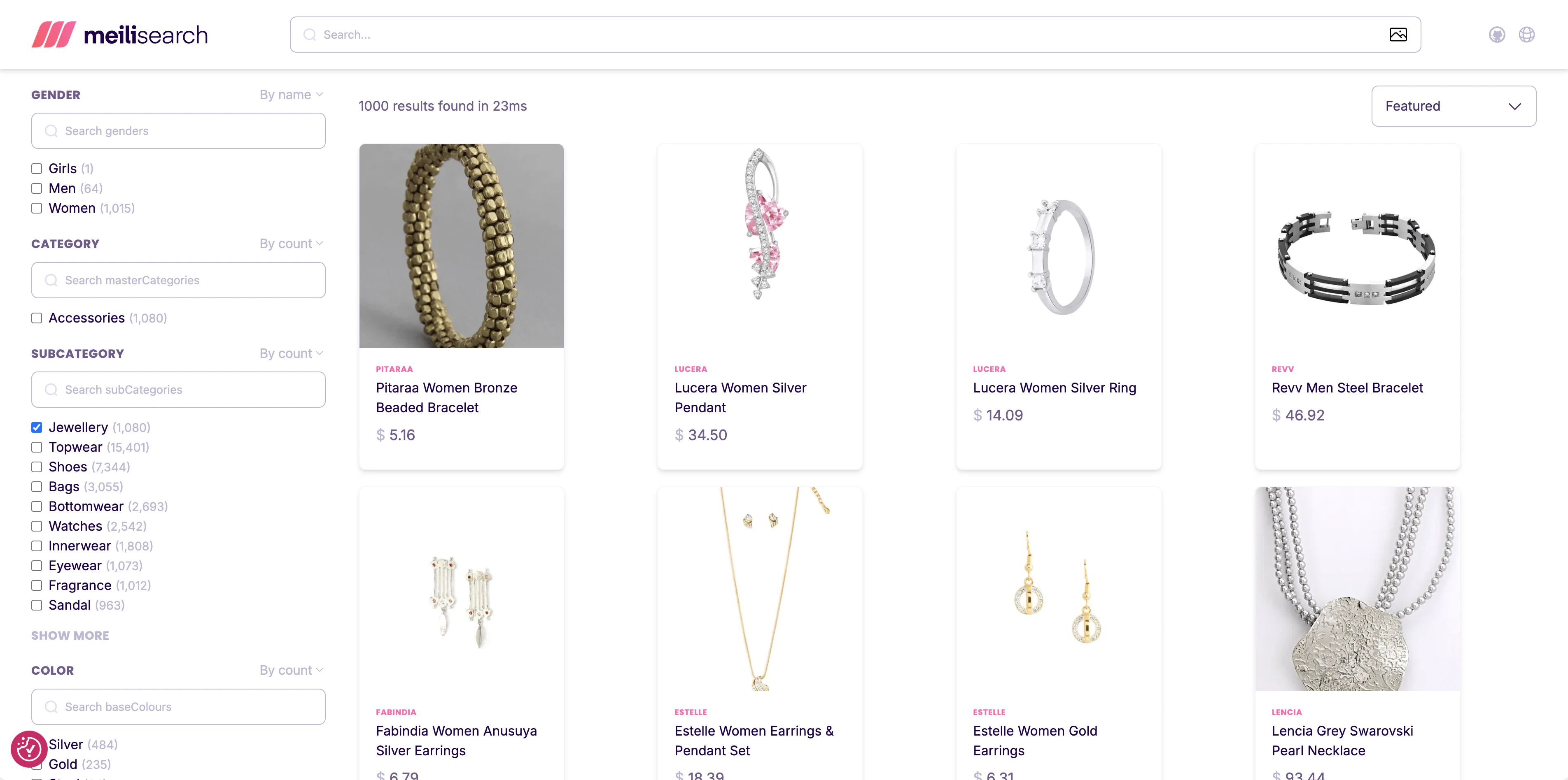 E-commerce demo showing faceted product search
