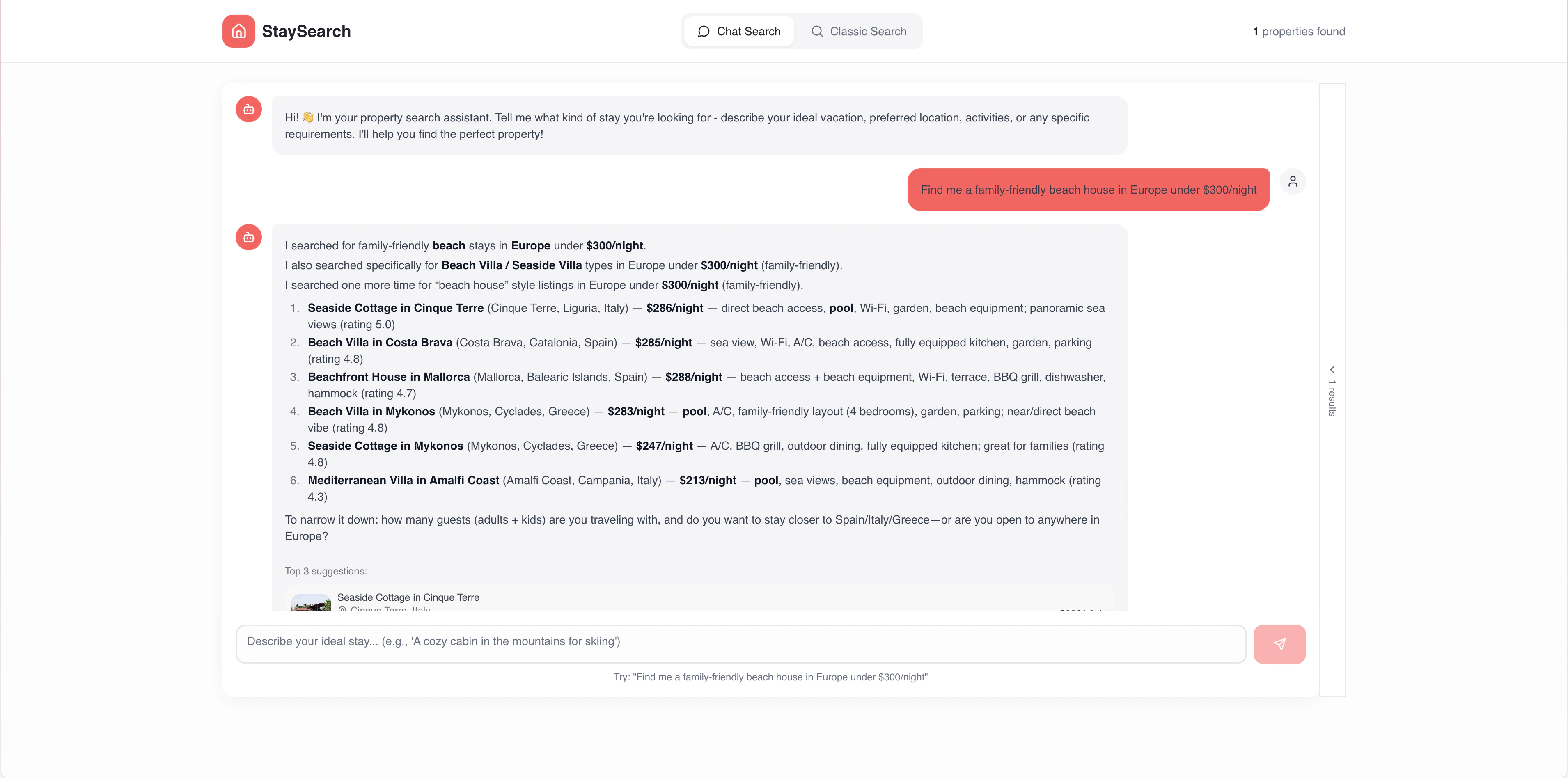 Home Booking demo showing chat search for beach houses in Europe