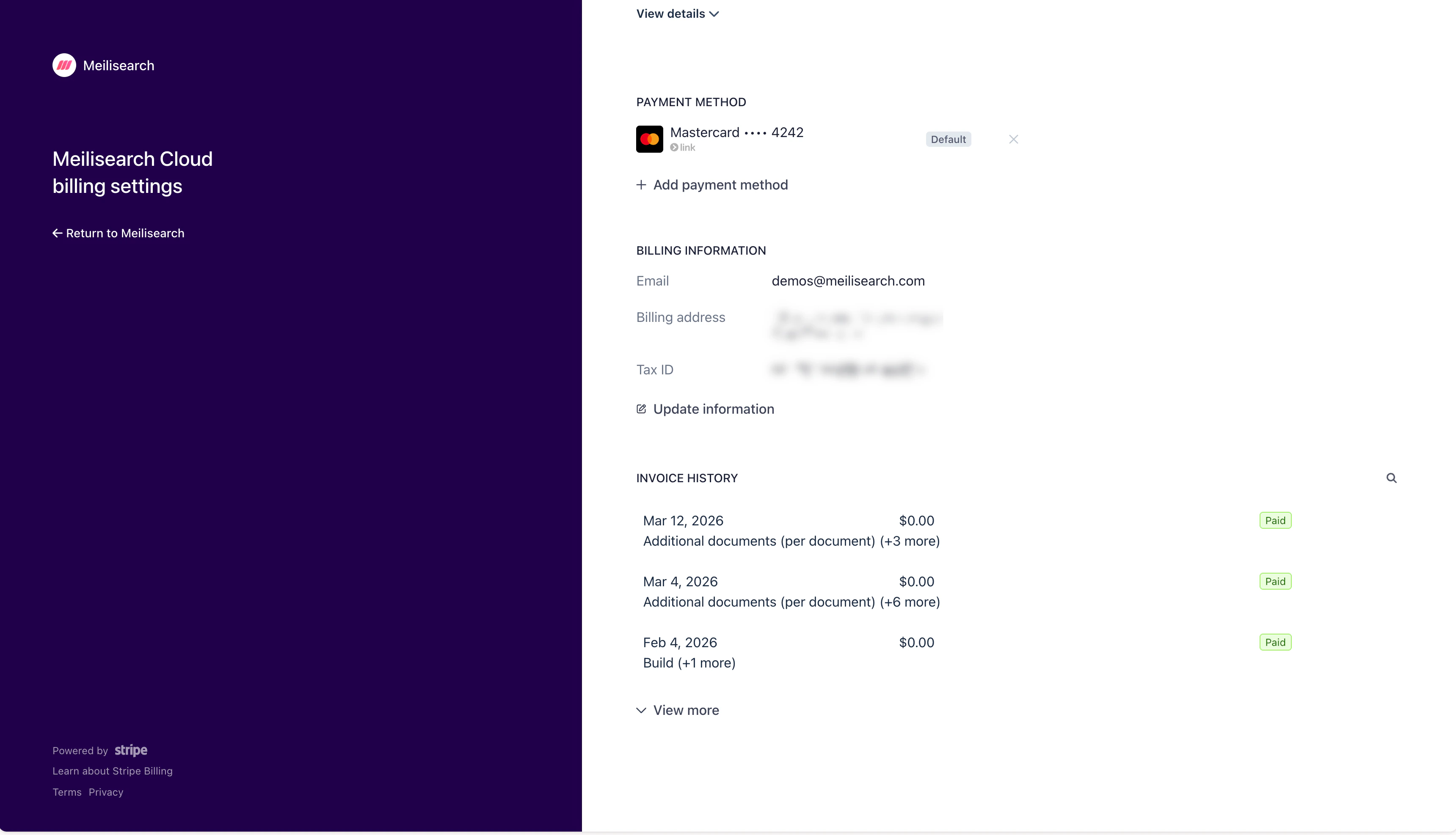 Stripe customer portal showing payment method management with option to add a new payment method
