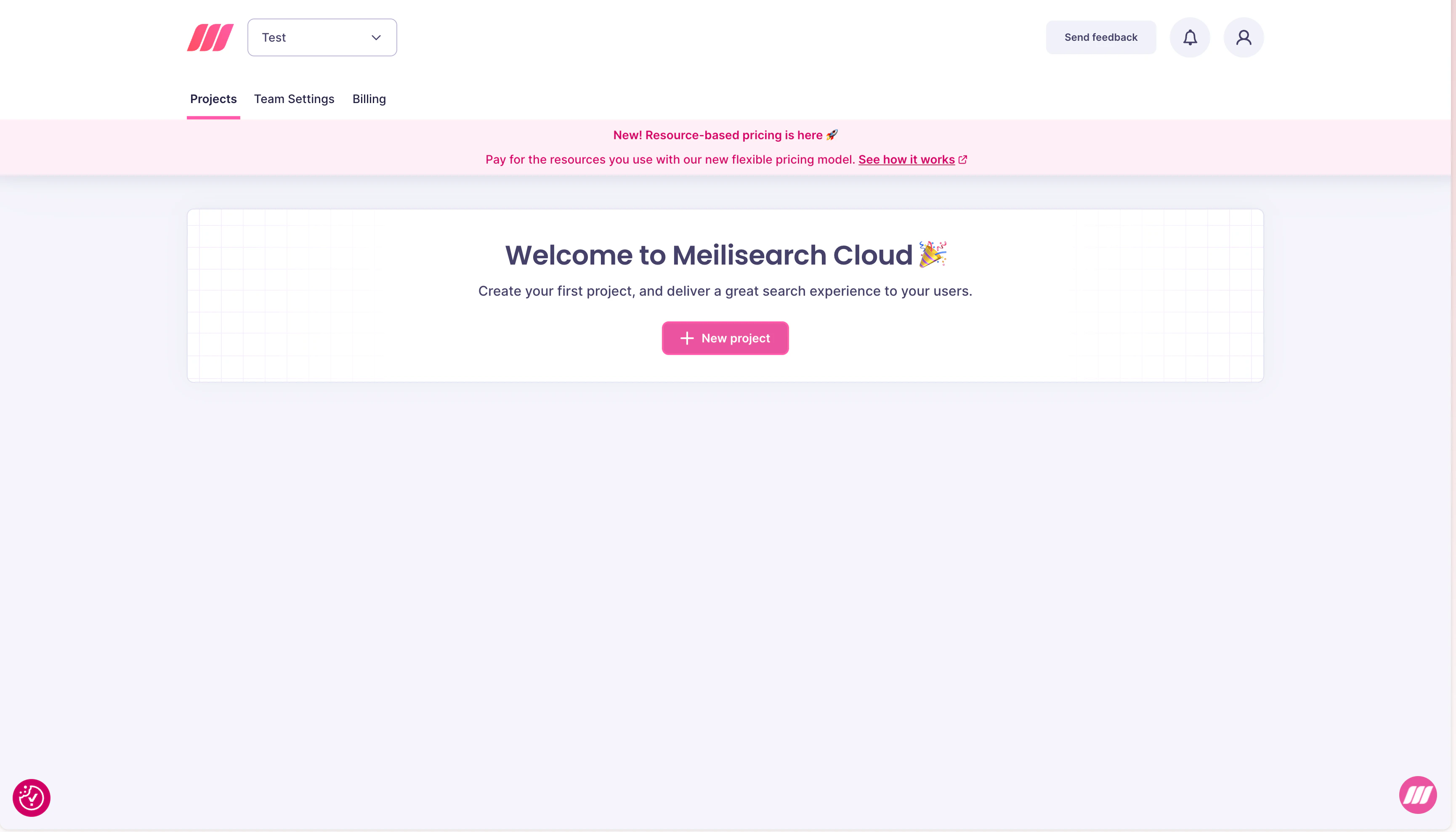 Meilisearch Cloud projects list with the New project button