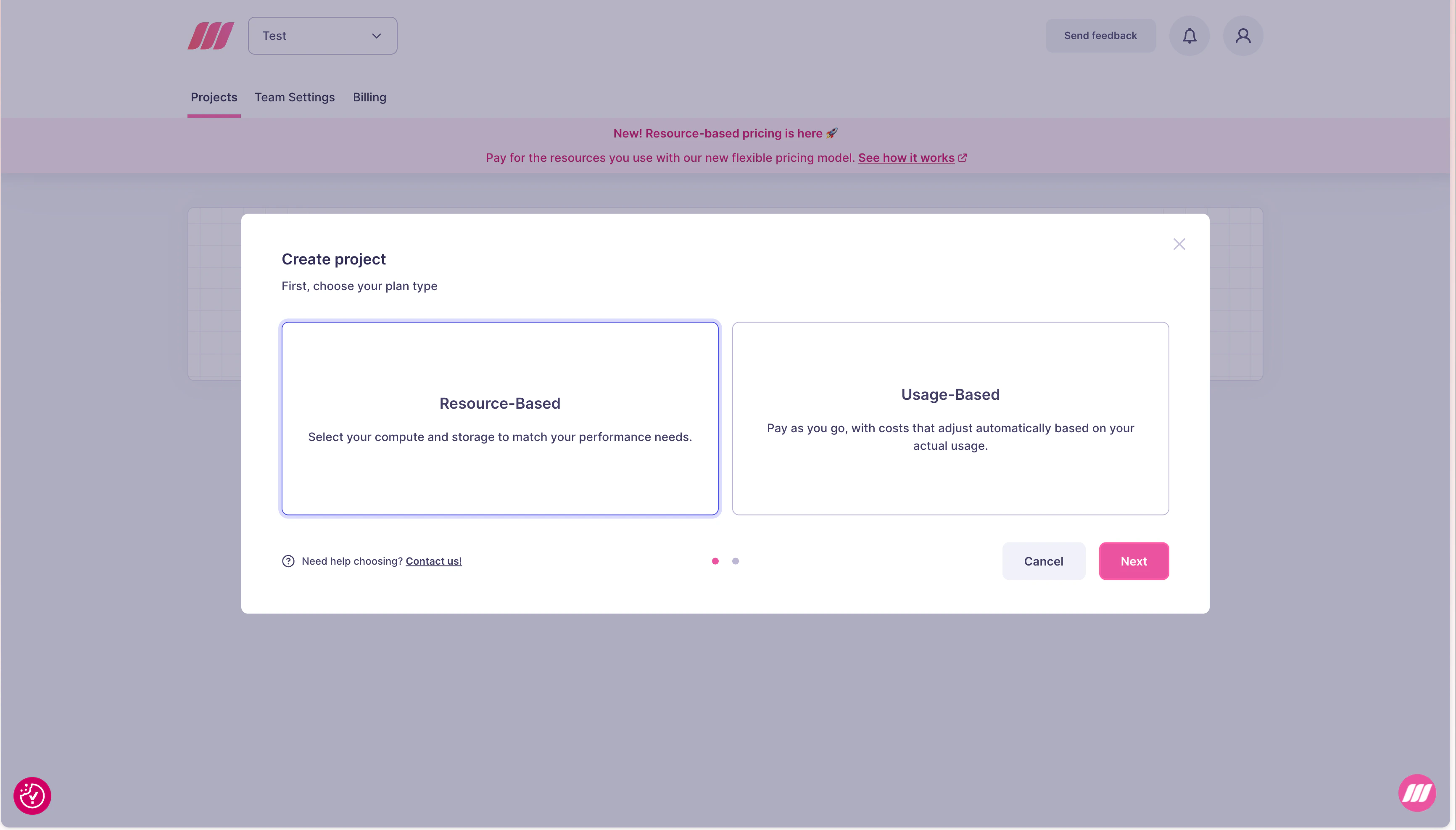 Create project modal showing Resource-Based and Usage-Based plan type options