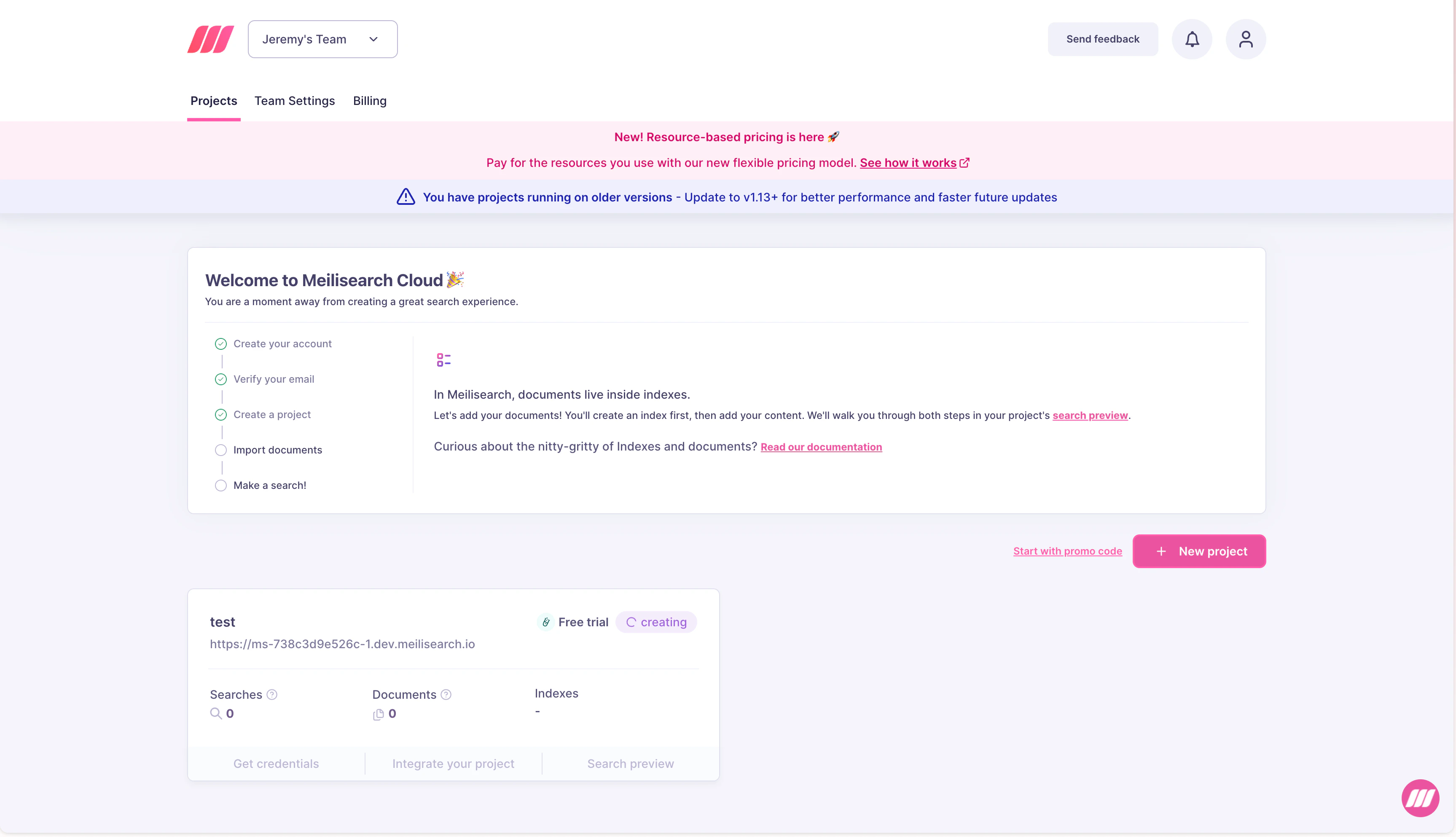 Meilisearch Cloud projects list showing a project with creating status