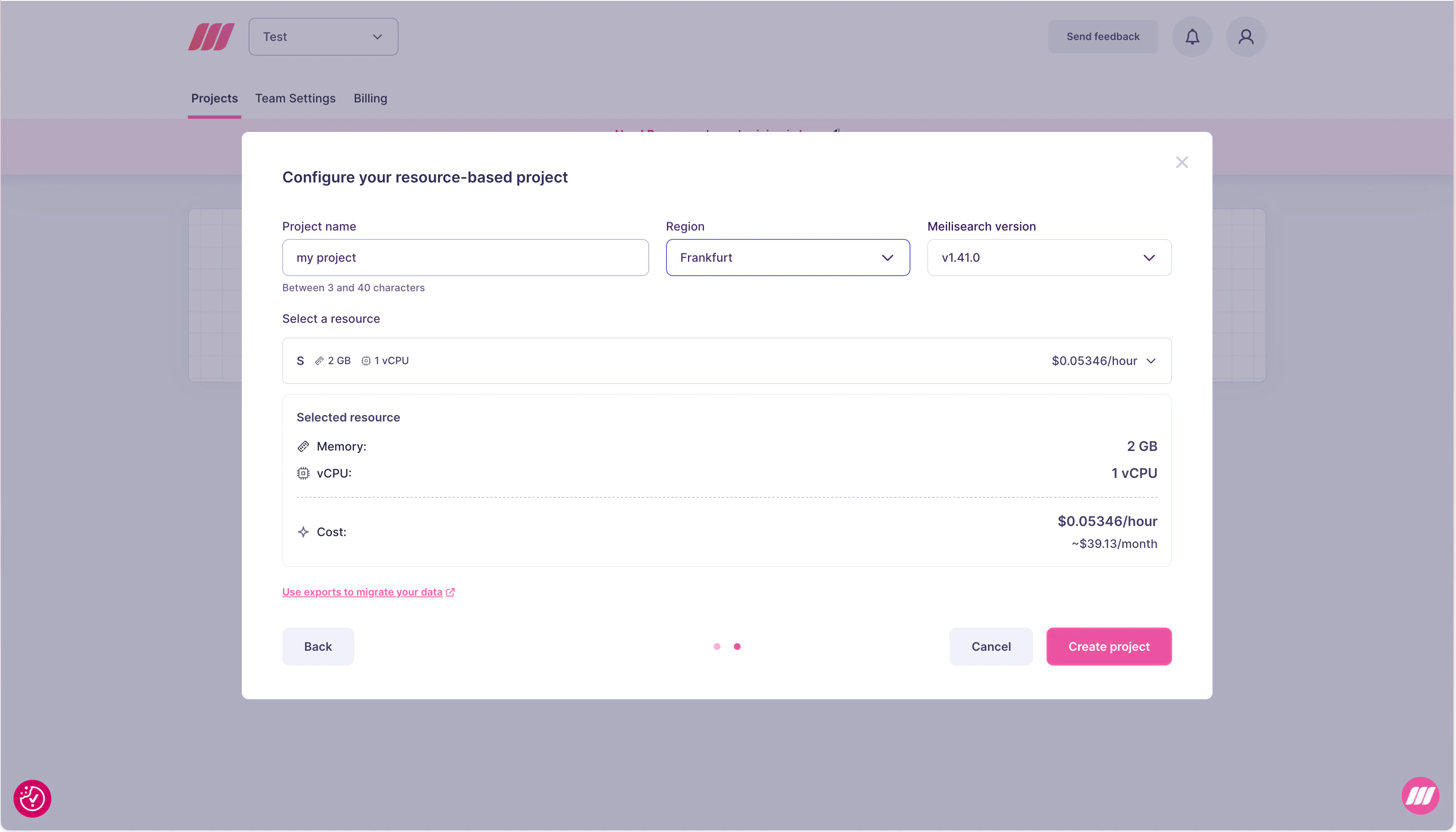 Configure resource-based project form showing memory, vCPU, and hourly cost breakdown