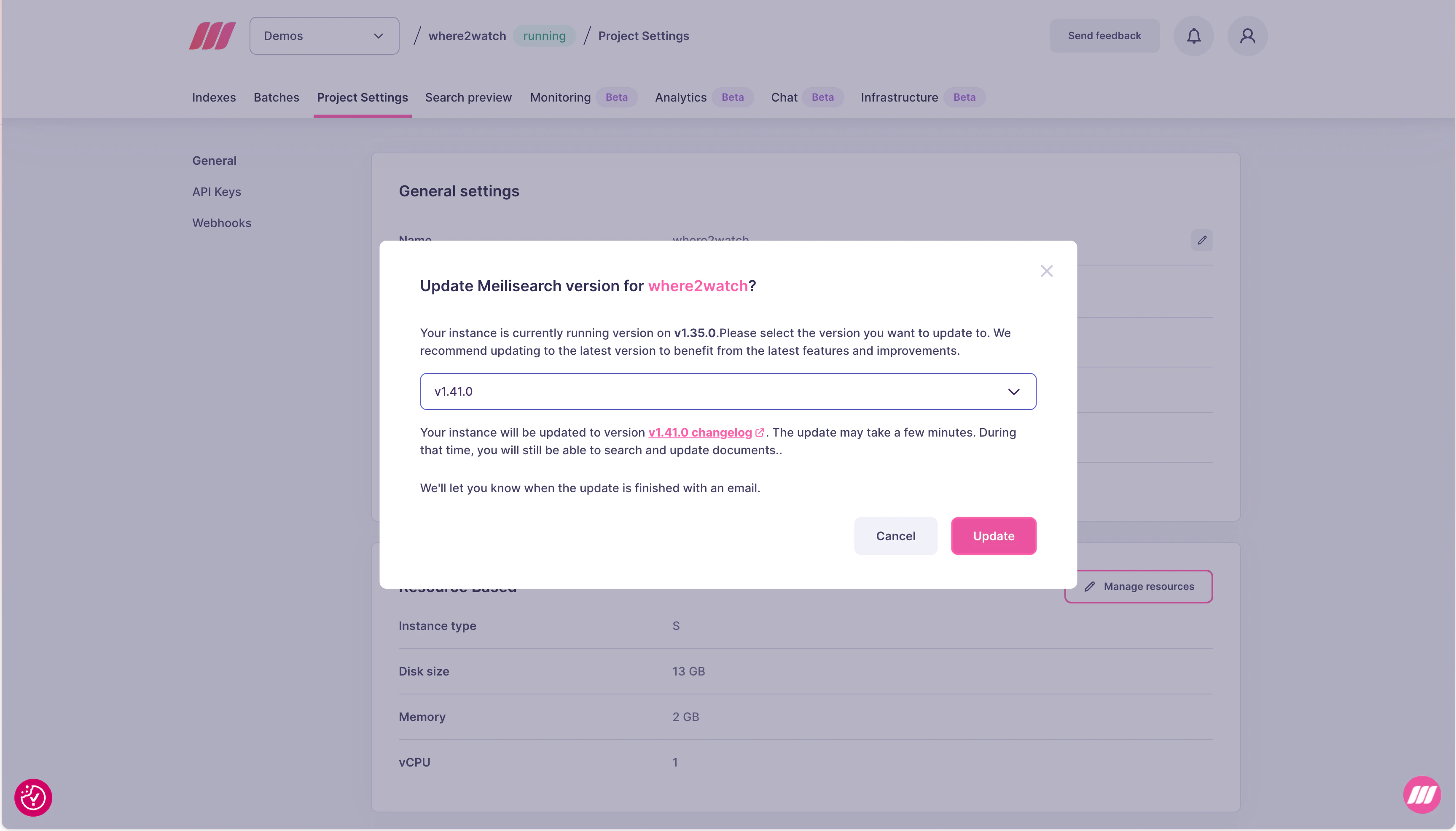Update Meilisearch version modal showing version selector, changelog link, and Update button