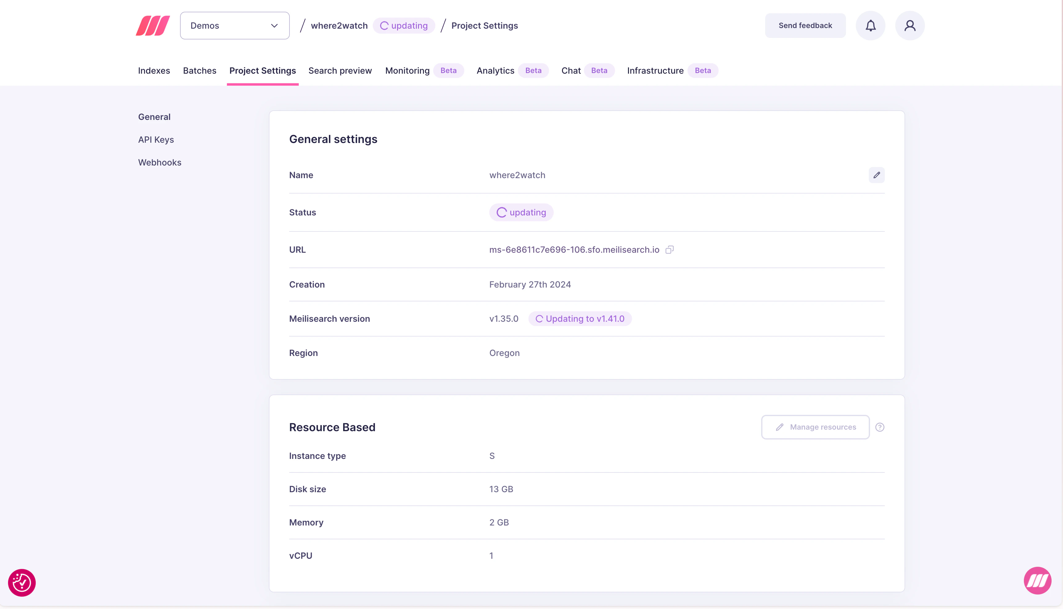 Project settings showing updating status with Updating to v1.41.0 indicator