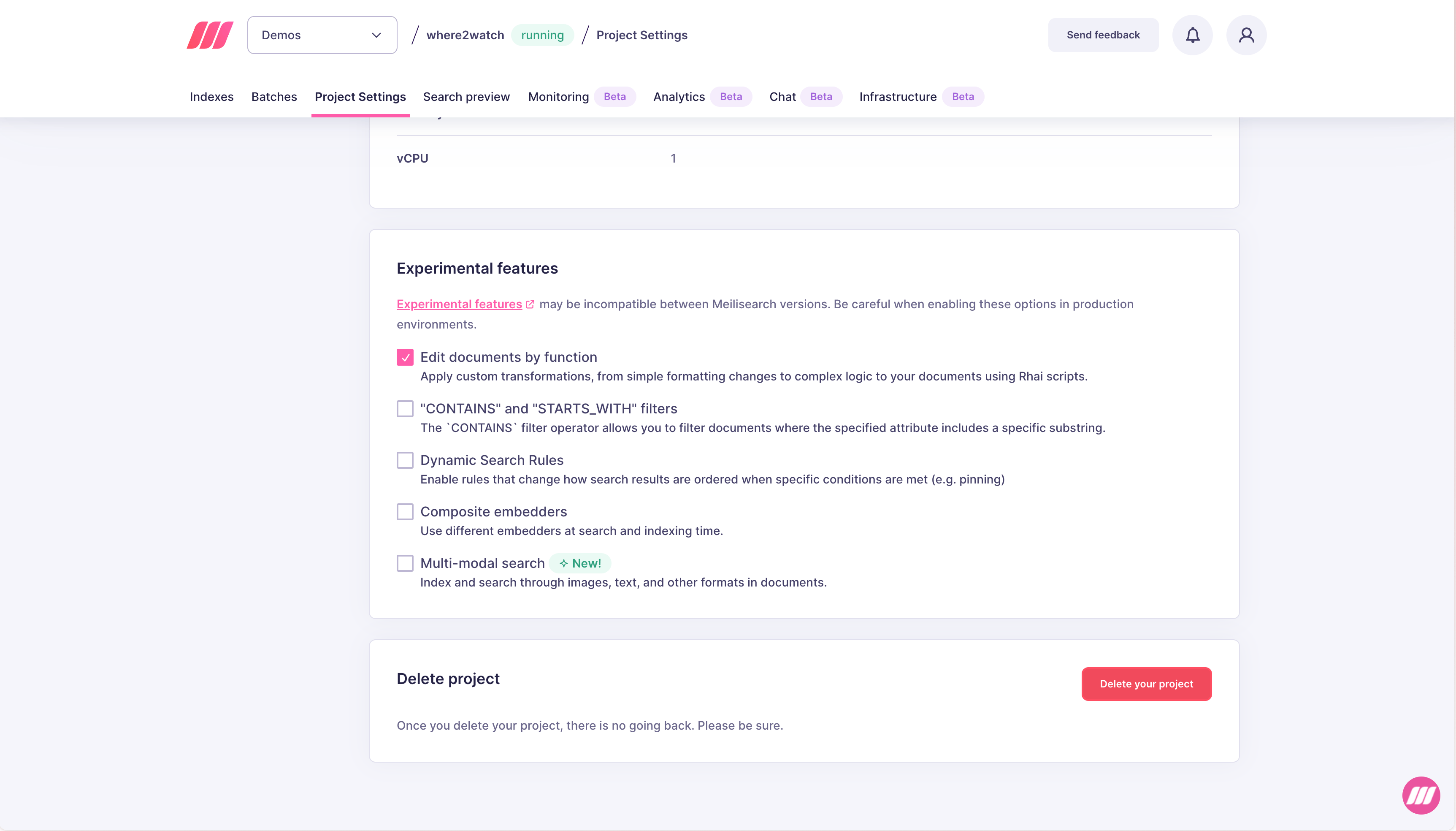 Experimental features section in Project Settings showing checkboxes for each available feature