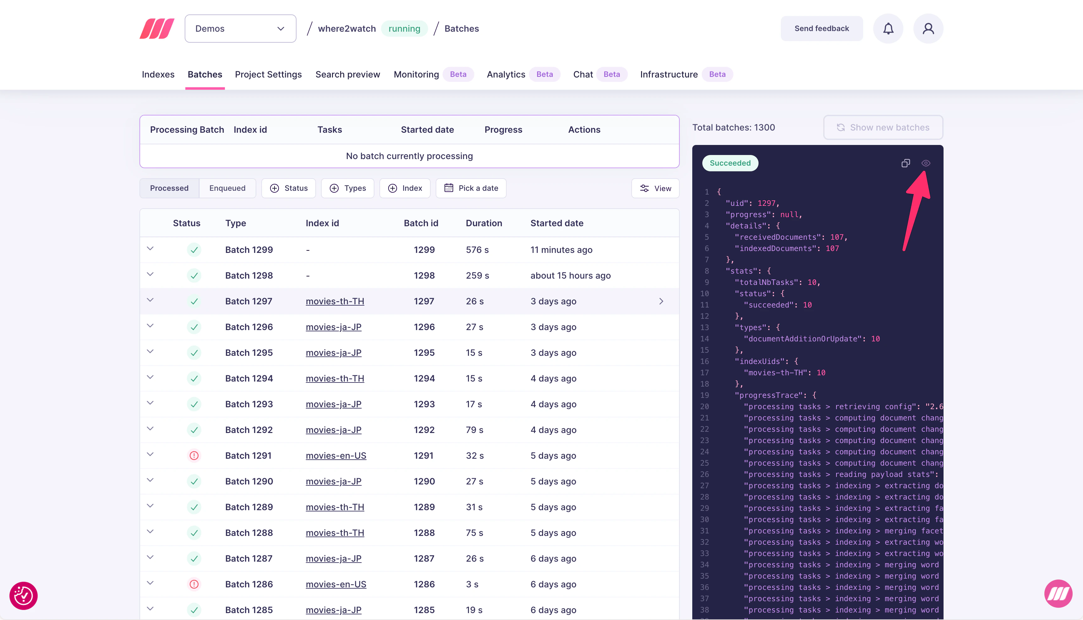 Batches tab showing a list of processed batches with their status, index, batch ID, duration, and start time