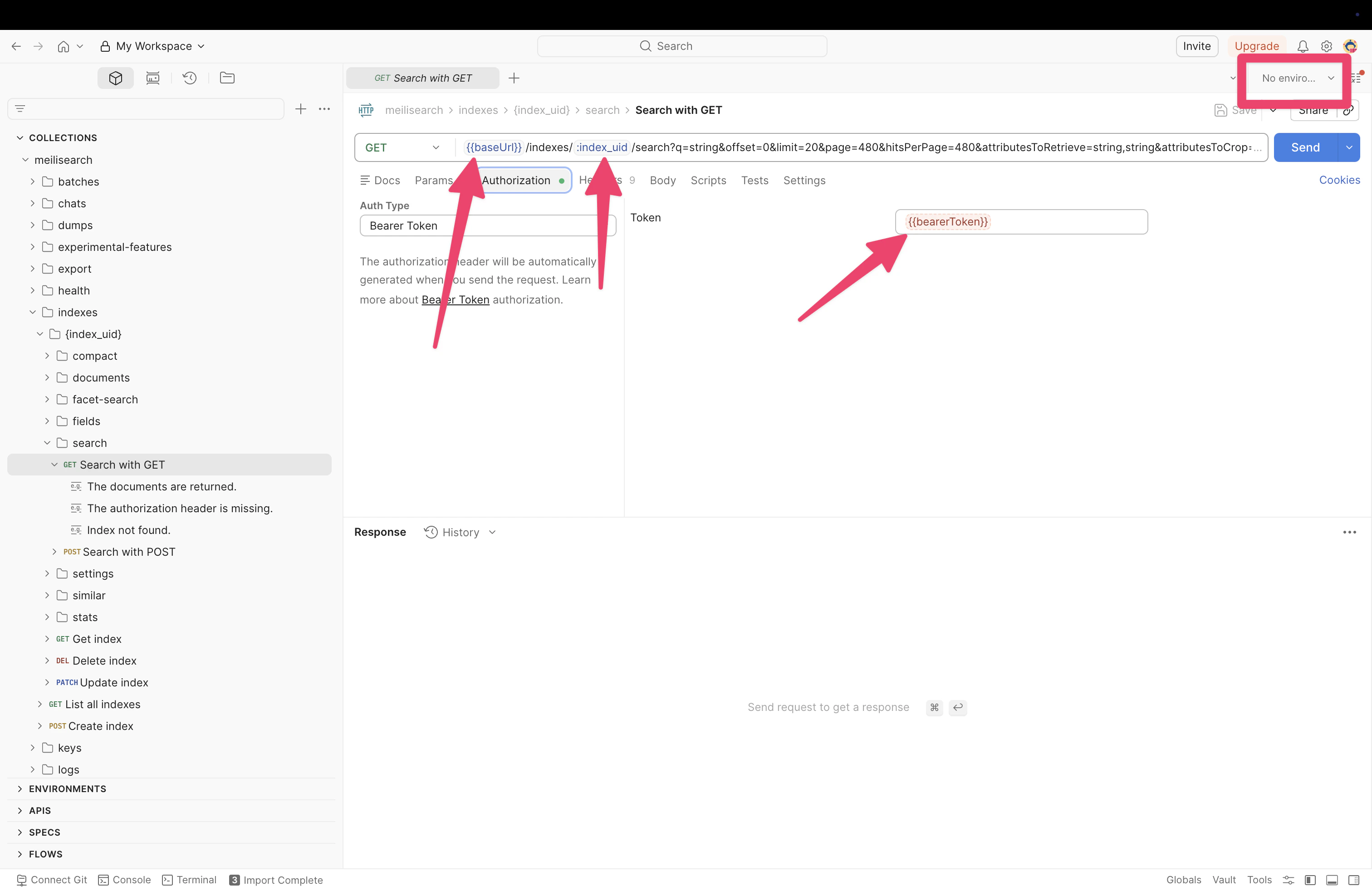 The Postman collection showing all Meilisearch API routes with the Authorization tab open and Bearer Token configured