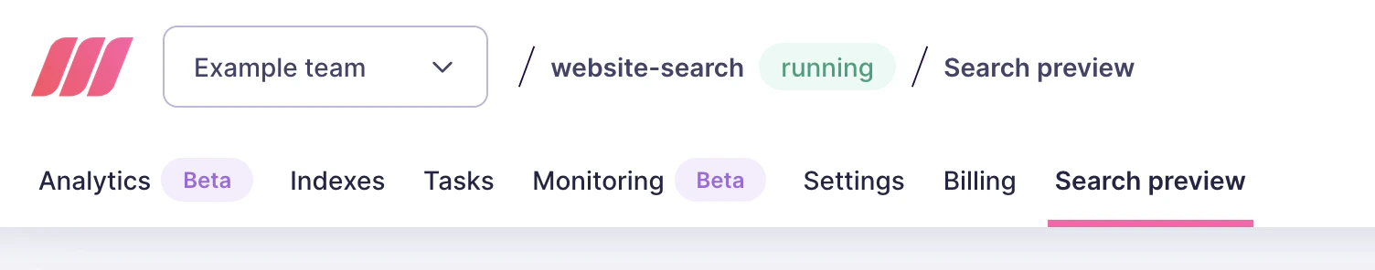 Meilisearch Cloud's project menu with the last option, 'Search preview', selected