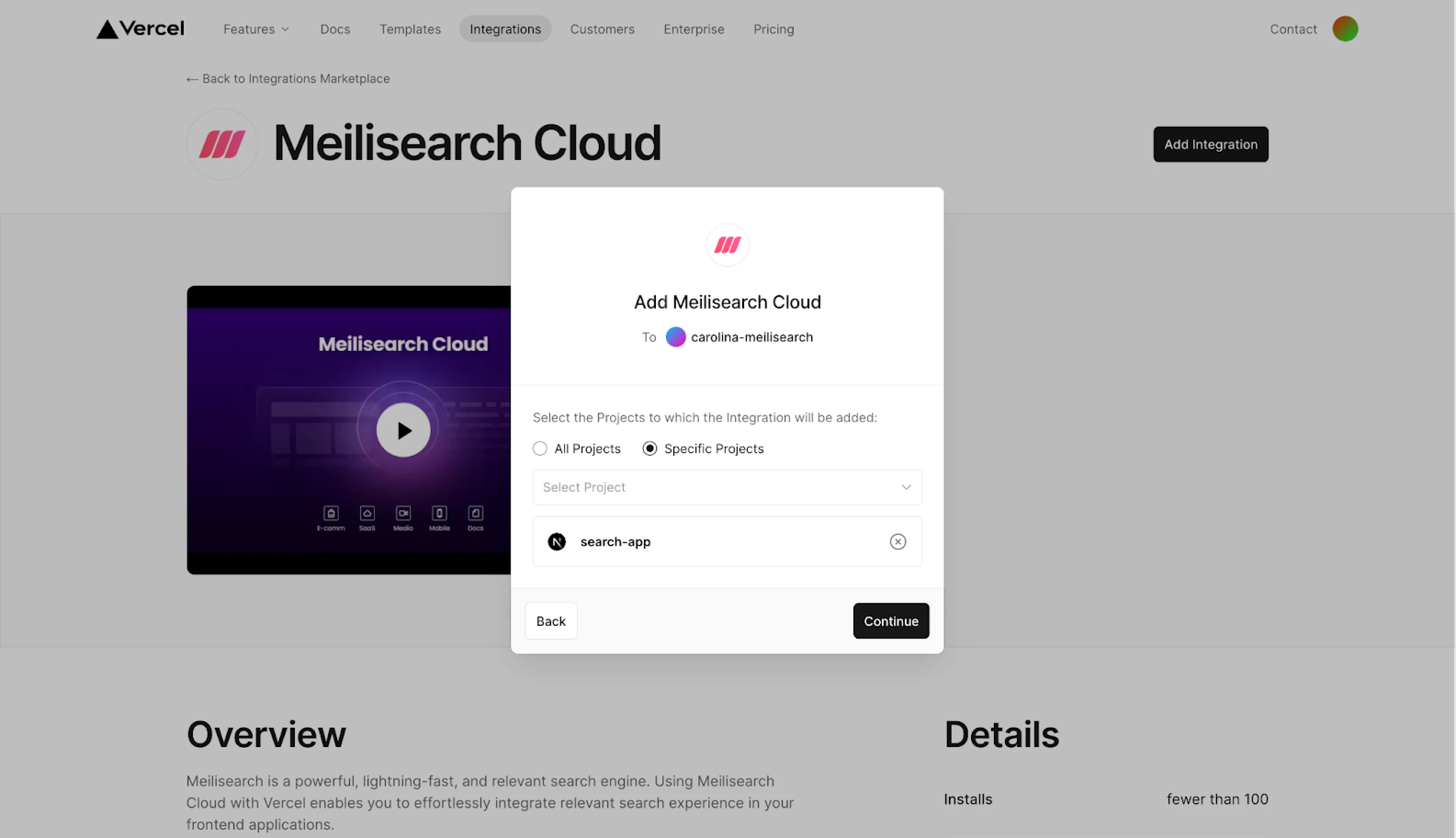 Form to add Meilisearch integration, the 'Specific projects' option is selected