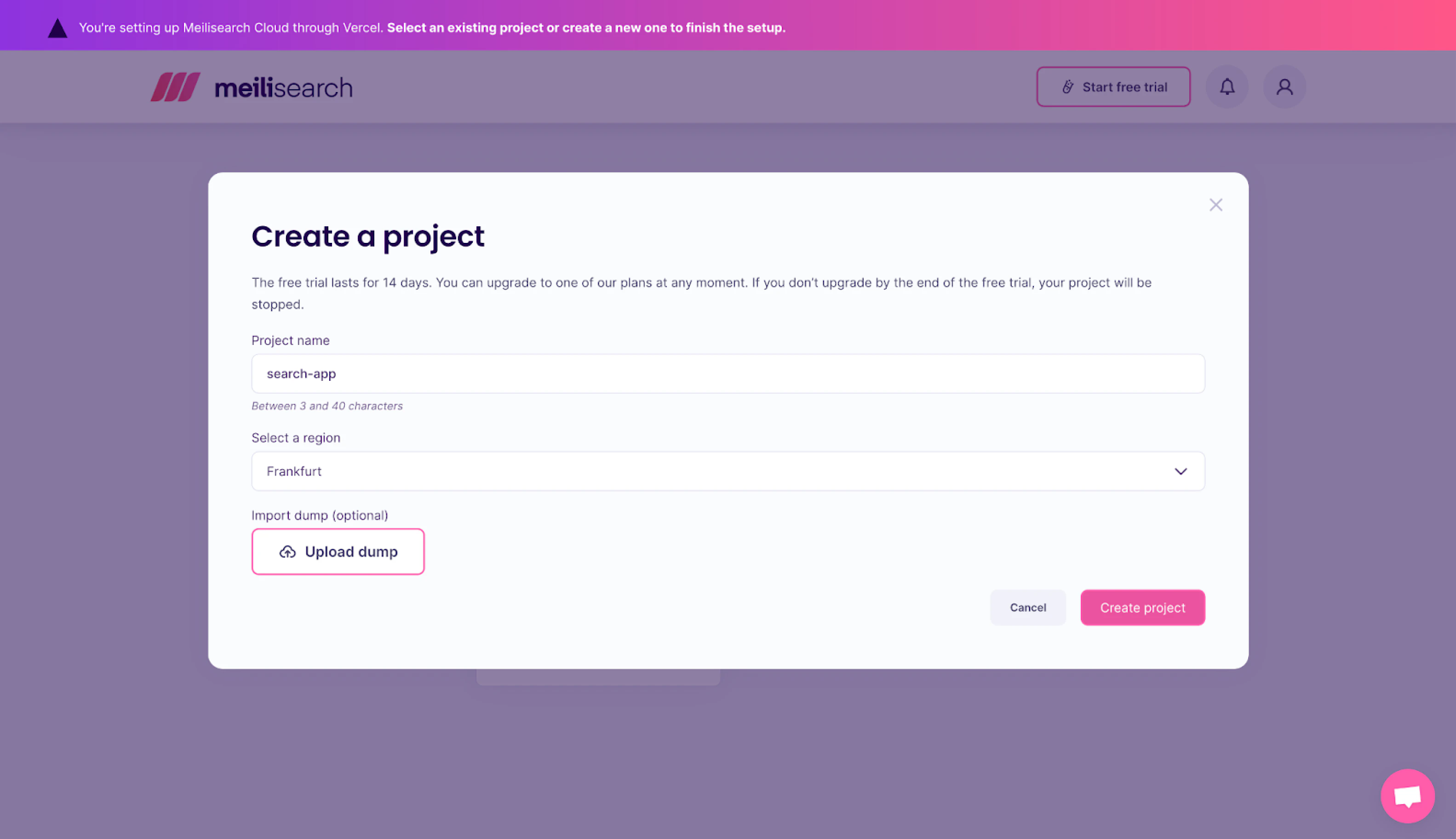 Meilisearch Cloud form to create a project complete, with 'search-app' as the project's name and 'Frankfurt' as the region