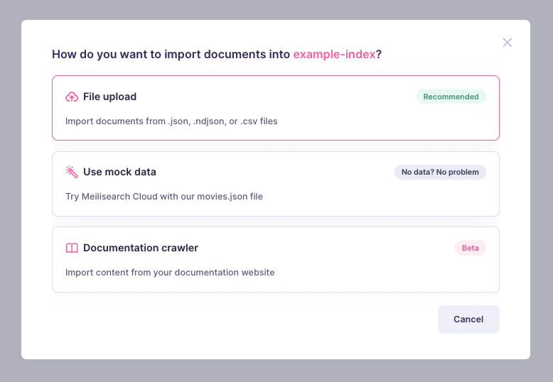 Another modal window with three options. A red arrow points at the chosen option, 'File upload'