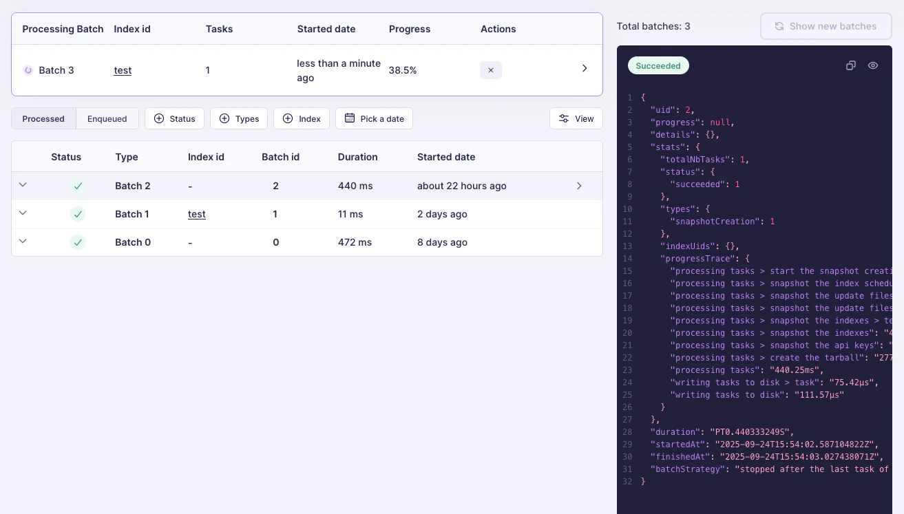 A table listing multiple Meilisearch Cloud tasks