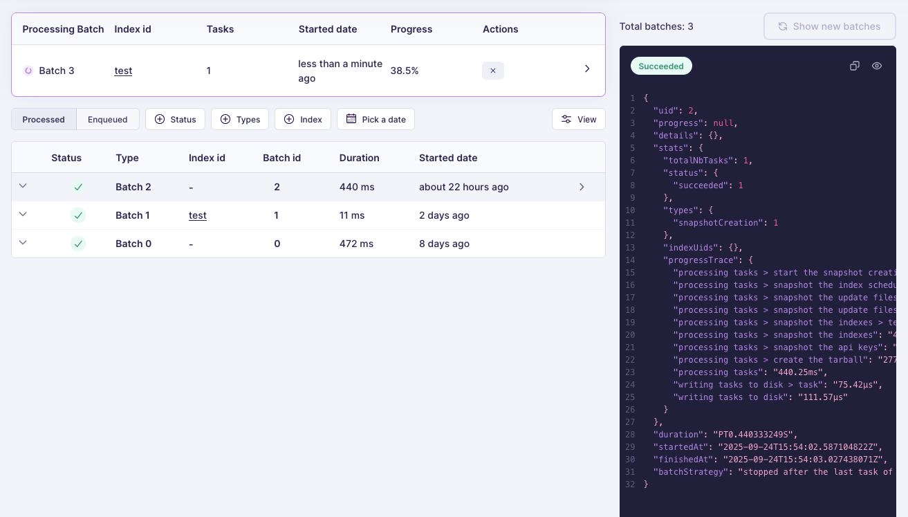 A table listing multiple Meilisearch Cloud tasks